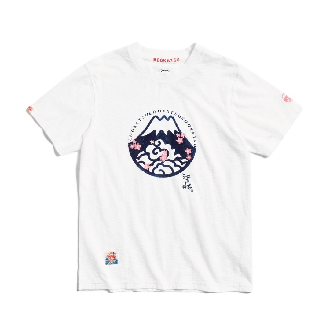 江户胜 日系 男装 富士山樱花LOGO短袖T恤(米白色) #上衣 - 男装上衣/T 恤 - 棉 白色