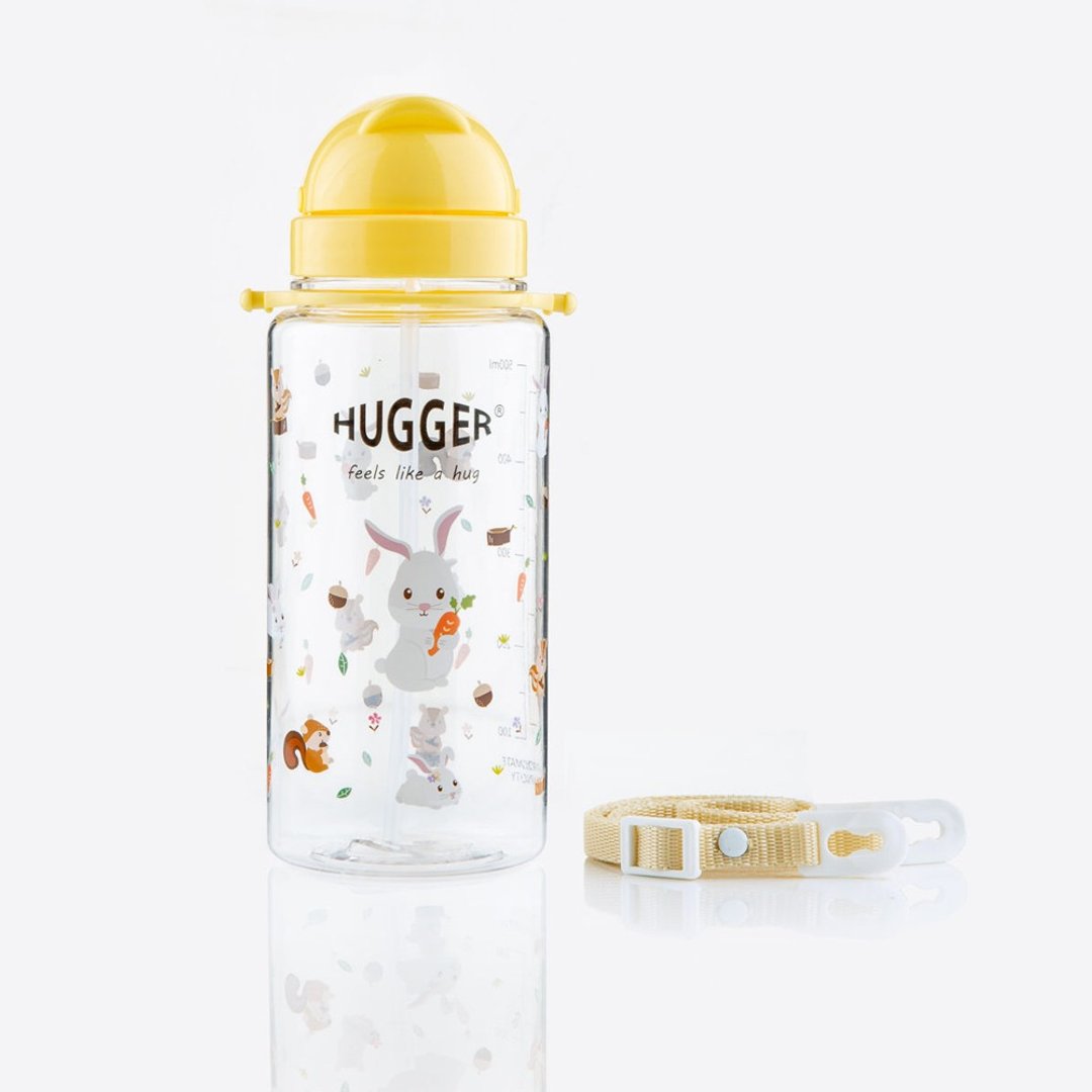 HUGGER 儿童吸管水壶 550ml Tritan 附背带可拆 兔子松鼠 - 儿童餐具/餐盘 - 其他材质 黄色