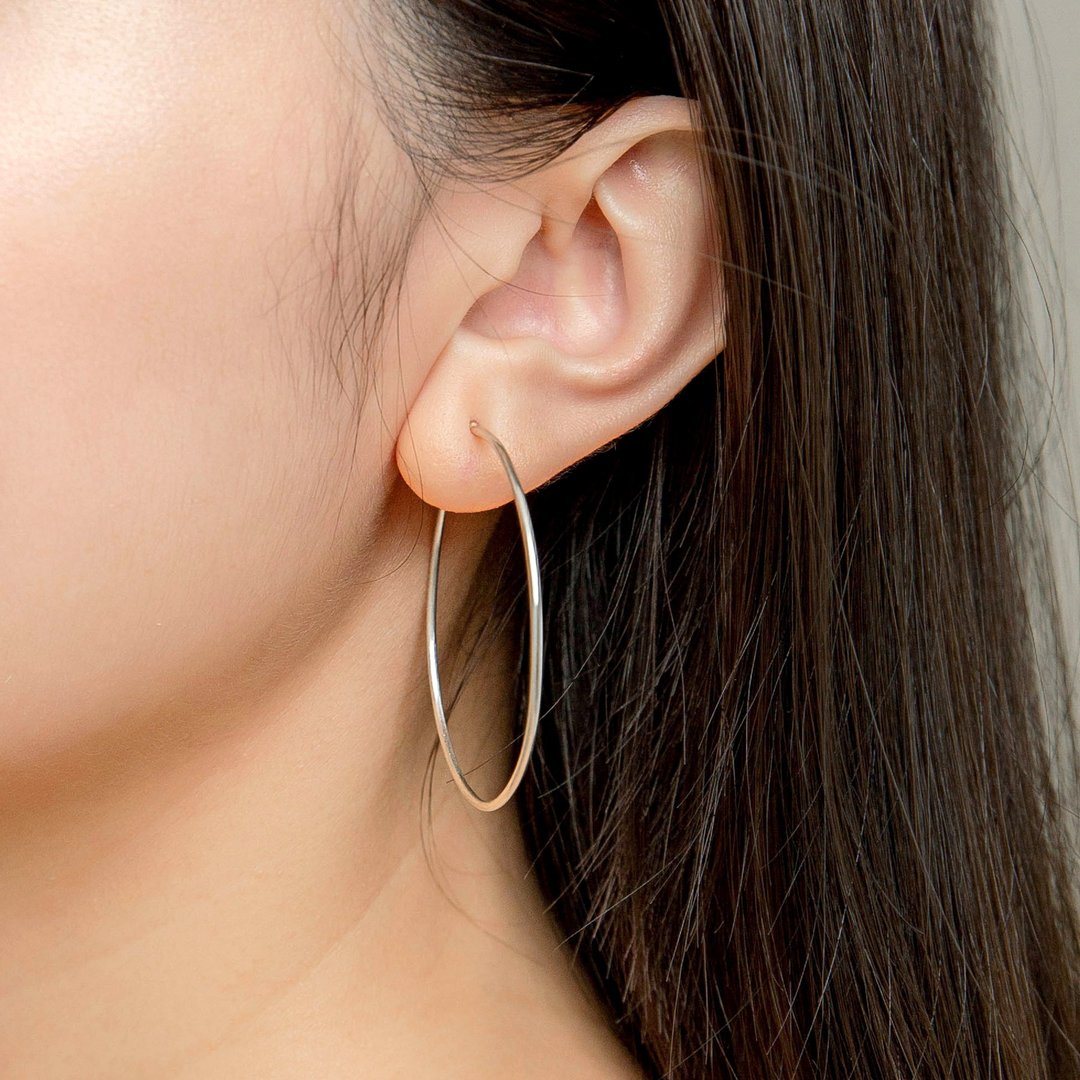Thin Hoop Earrings 细线圈纯银耳环 圆圈 圈圈 大圈圈型纯银耳环 - 耳环/耳夹 - 纯银 银色