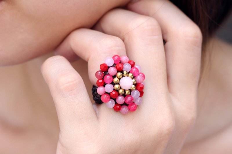 粉红色的鸡尾酒戒指钩针编织玫瑰石英樱桃珍珠派对 - 戒指 - 石头 粉红色