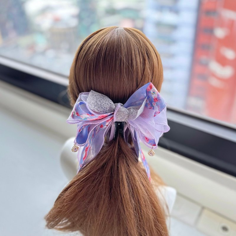 卷边纱蝴蝶结相交夹香蕉夹仙女夹发夹-紫色底小白兔 - 发饰 - 其他材质 紫色