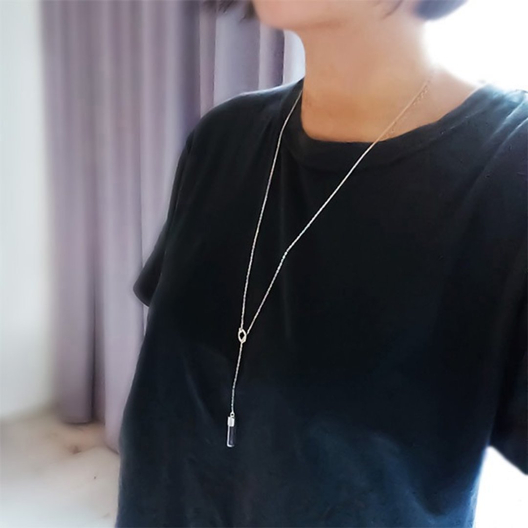 极简长版925纯银 敲银套环米雕Y字项链【定制化刻字】男女中性款 - 项链 - 纯银 