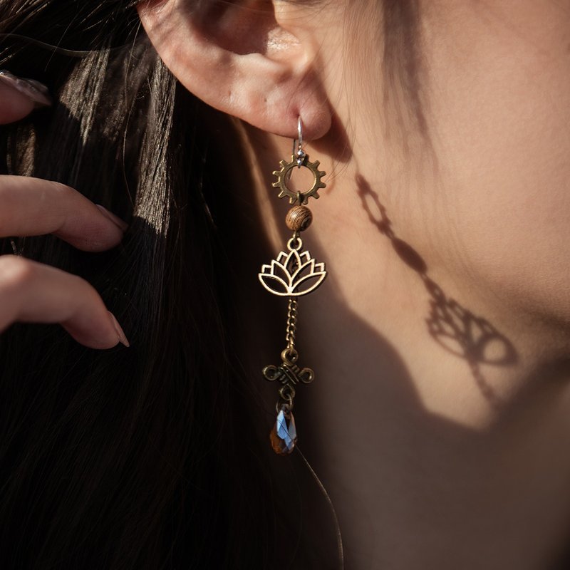 蒸汽朋克X东方风格 混搭 复古 长款 银针耳饰 耳坠 - 耳环/耳夹 - 银 咖啡色