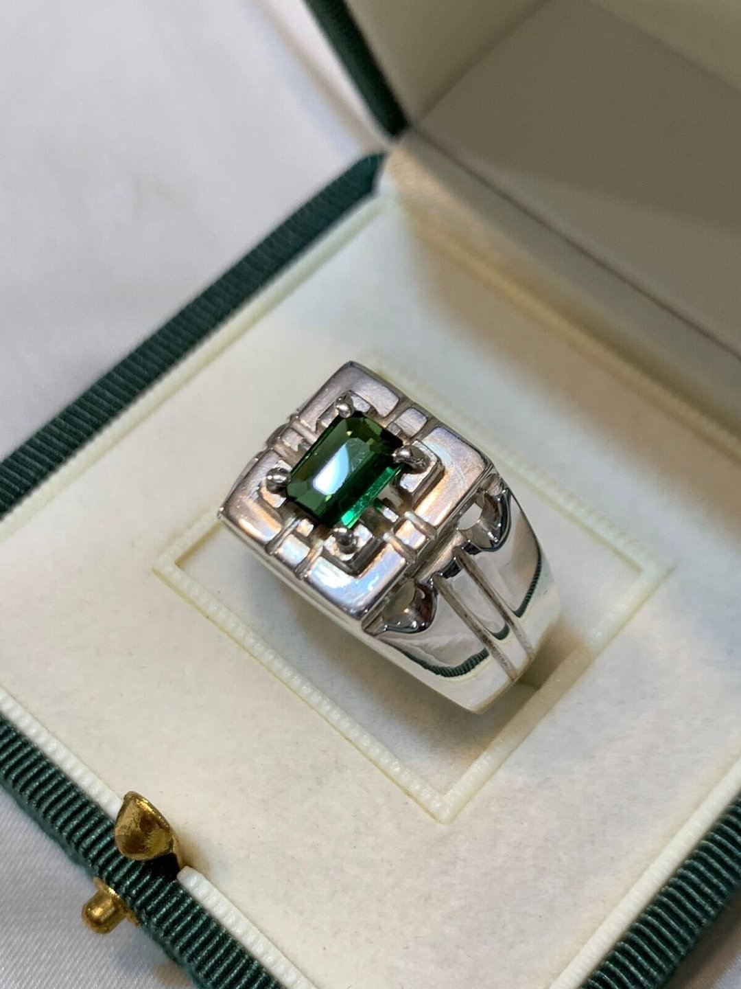 天然男士绿碧玺戒指 925 纯银 手工制作 华丽 - 戒指 - 宝石 绿色