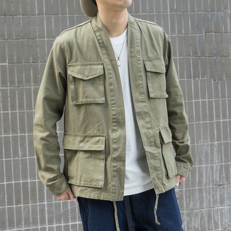 日系搭配 四口袋军事风格道袍 潮流道袍外套 - 男装外套 - 棉．麻 绿色