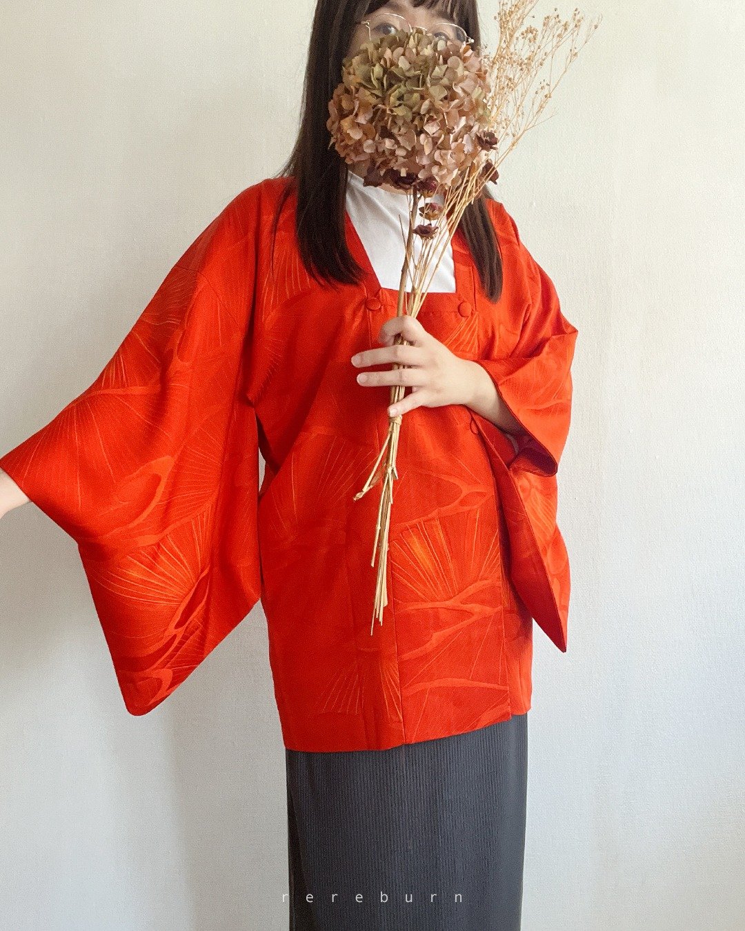 日本制和风印花薄款红色缎面古着道行羽织和服外套 - 女装休闲/机能外套 - 聚酯纤维 红色