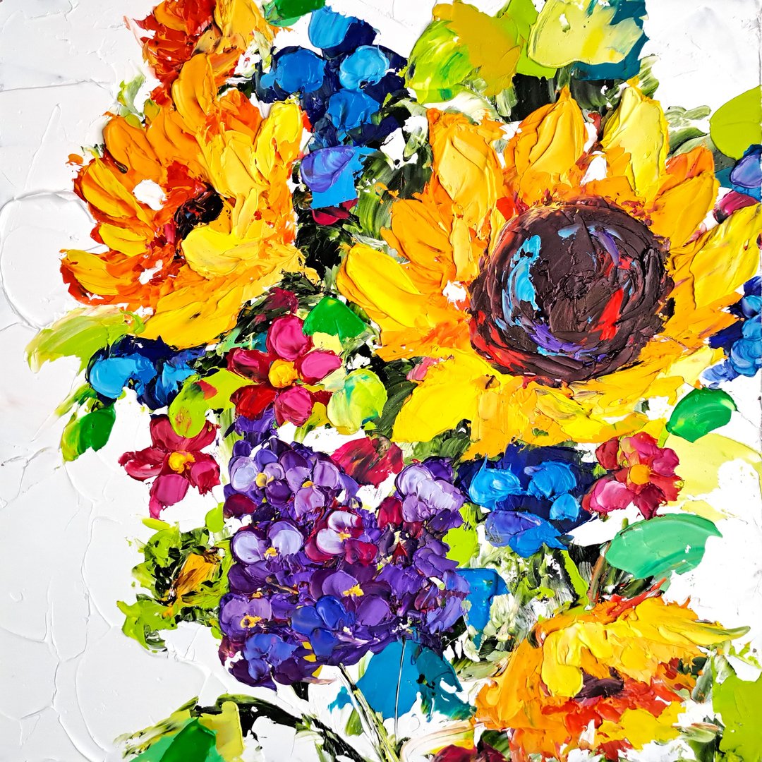 Sunflower Painting Hydrangea Original Art Flowers Impasto Oil Painting Floral - 海报/装饰画/版画 - 其他材质 多色