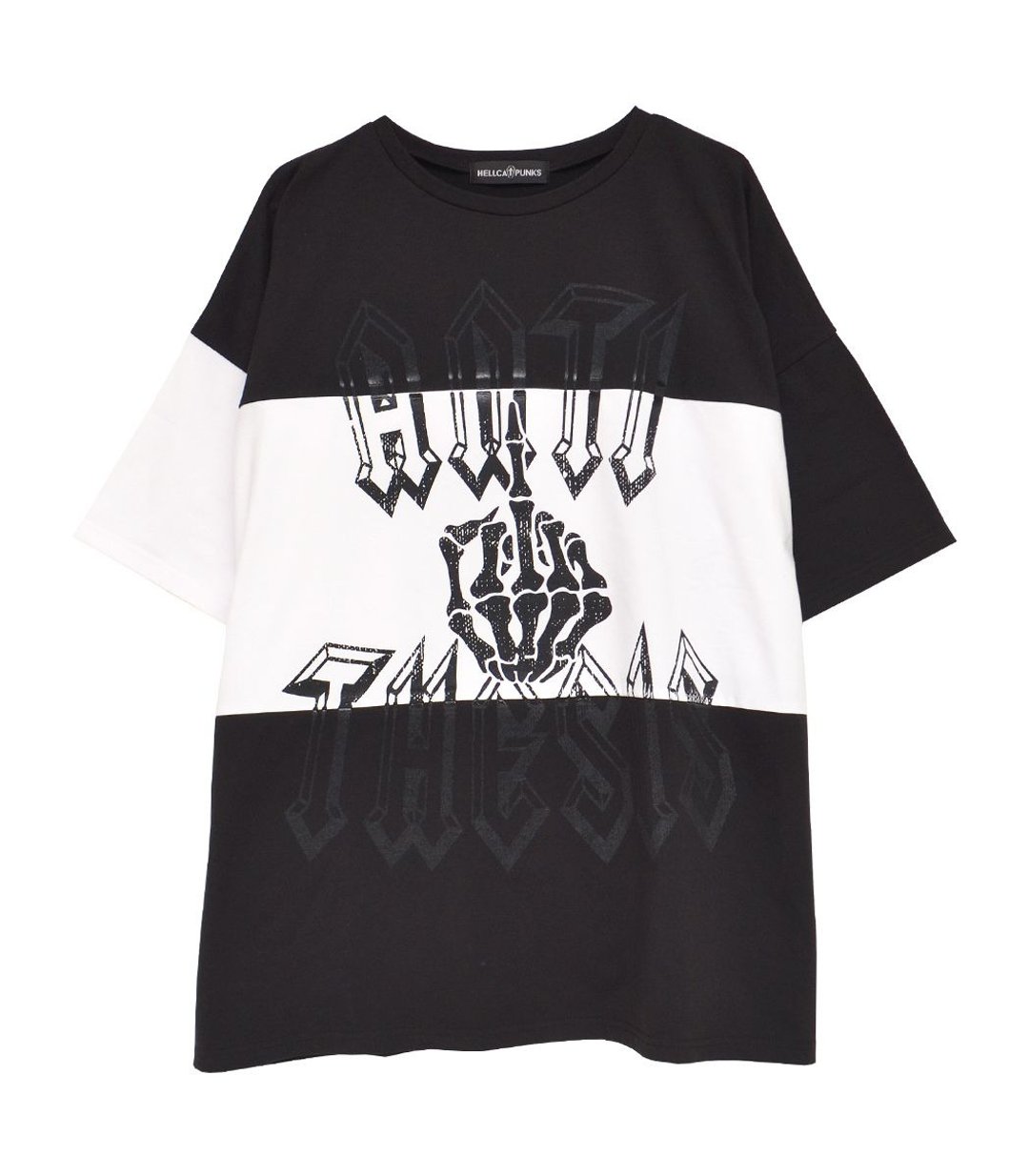 骨手拼接宽版T恤 / 黑色 / 白色 / F size / hellcatpunks / hcp-t-0119 - 女装 T 恤 - 聚酯纤维 黑色