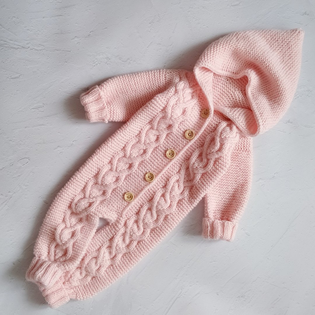 Children's one-piece, hooded jumpsuit knitted natural handmade. - 背带裤/连体裤 - 羊毛 粉红色