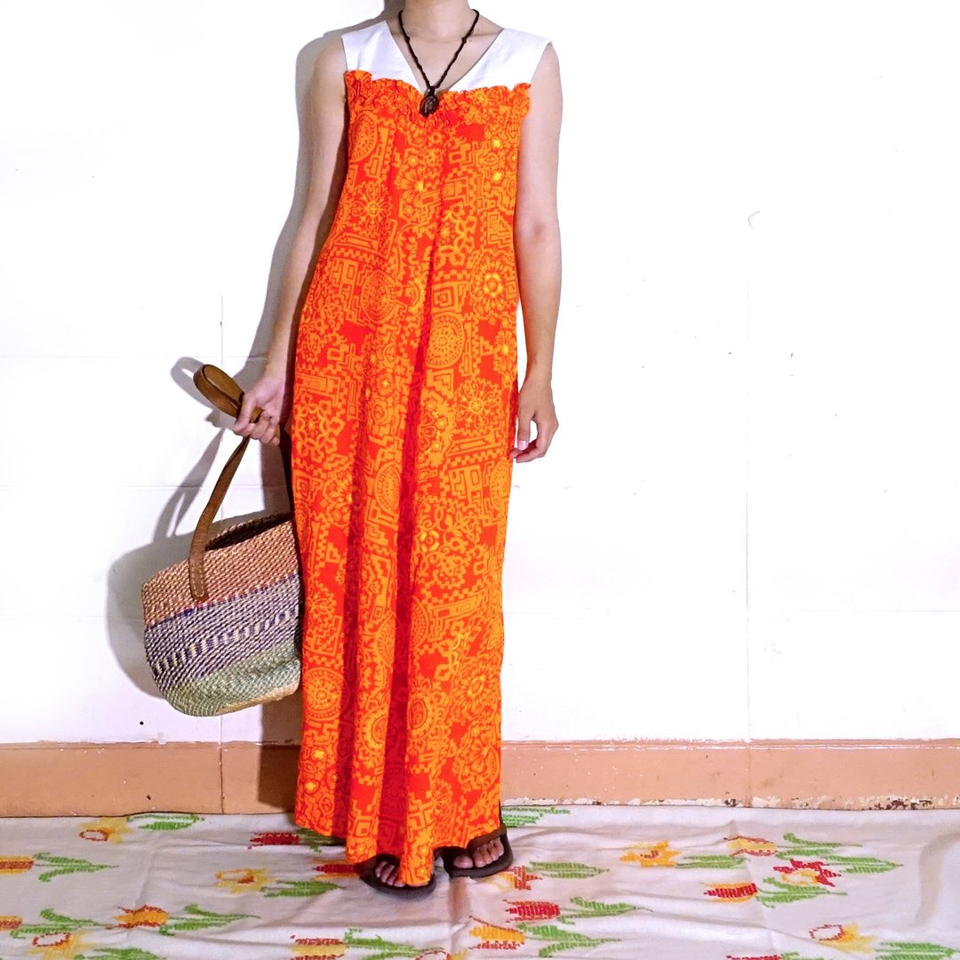 BajuTua /古着/ 艳丽橘红夏威夷无袖洋装 vintage Hawaiian muumuu - 洋装/连衣裙 - 棉．麻 红色
