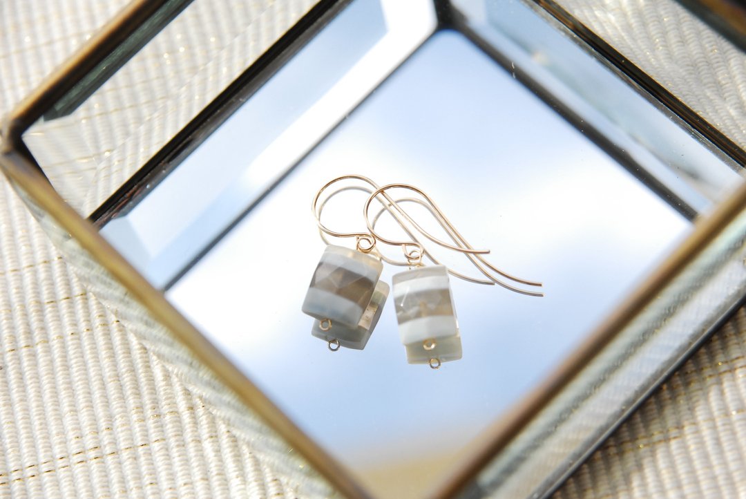 Striped Blue Opal Recangle Cut Earrings no.2 14kgf - 耳环/耳夹 - 半宝石 蓝色