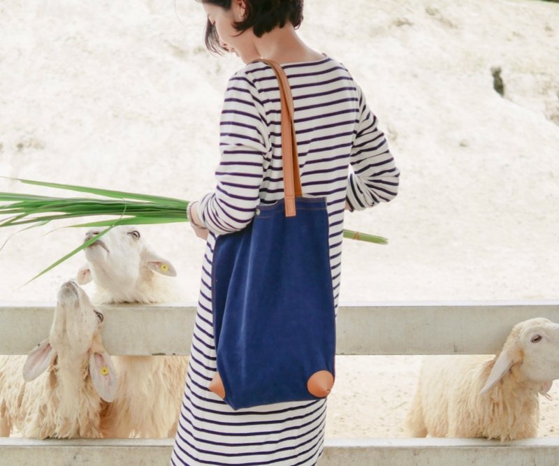 极简皮革帆布托特包-海军蓝色 - 侧背包/斜挎包 - 棉．麻 蓝色