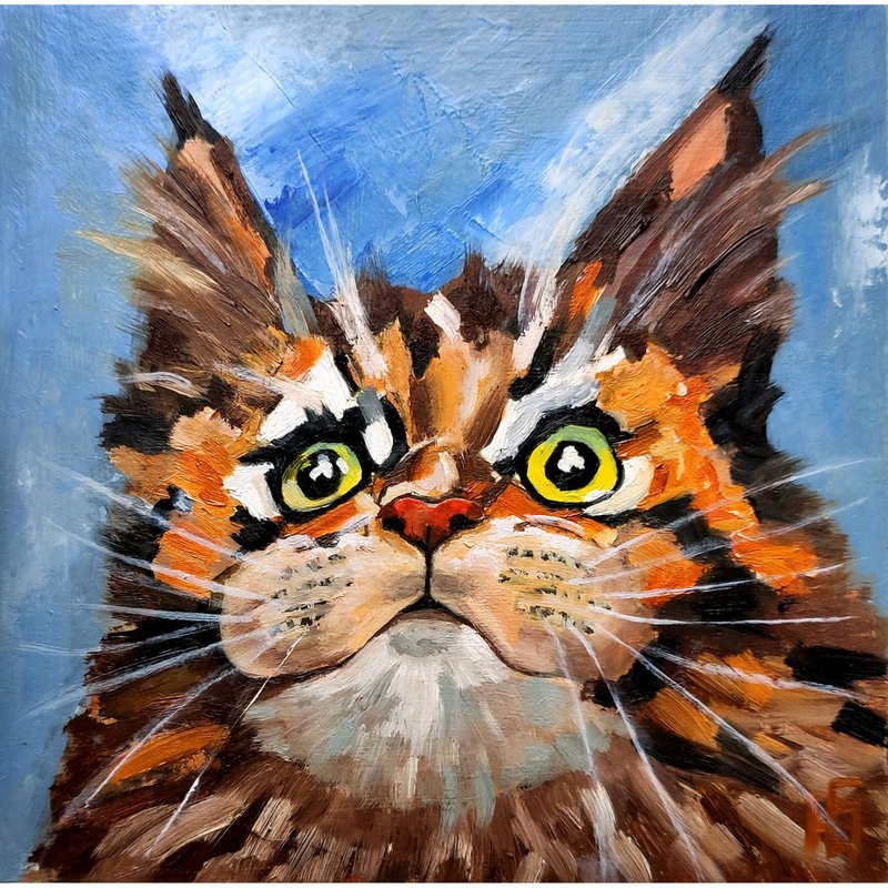 缅因库恩猫原创油画虎斑猫肖像艺术礼物创意油画油画原作 - 海报/装饰画/版画 - 其他材质 灰色