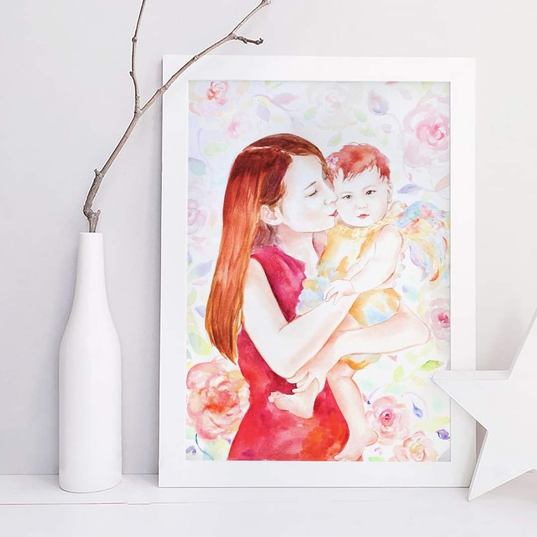 拾光肖像 | 把爱留在时光里 定制家庭/亲子/成长纪念水彩画 - 订制画像 - 纸 粉红色