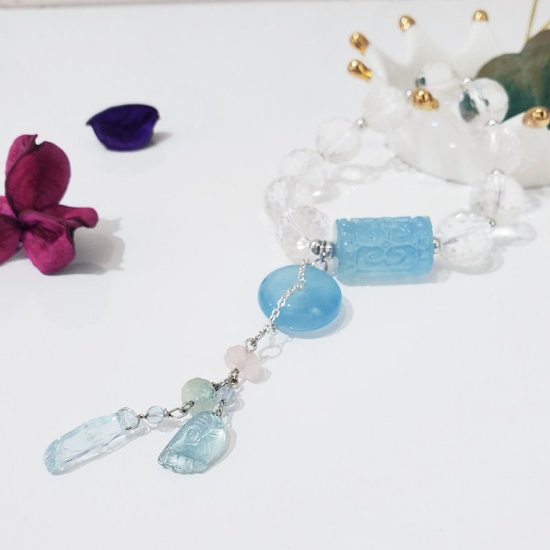 顶级白水晶 海蓝宝 回纹 古钱 招财 知足 事业 手链 单品 礼物 - 手链/手环 - 宝石 蓝色