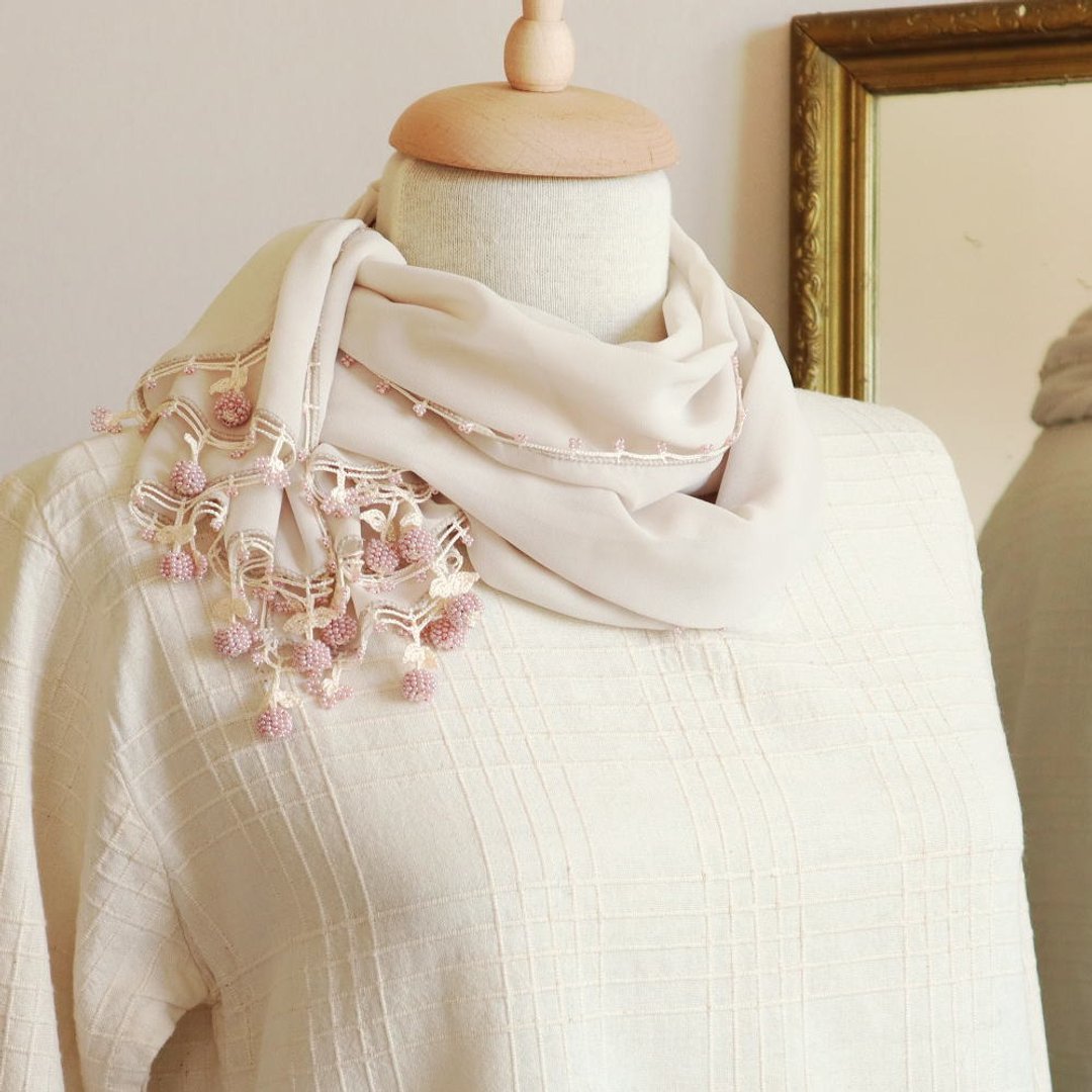 OYA chiffon shawl  - BERRY -  Cream Beige - 围巾/披肩 - 绣线 咖啡色
