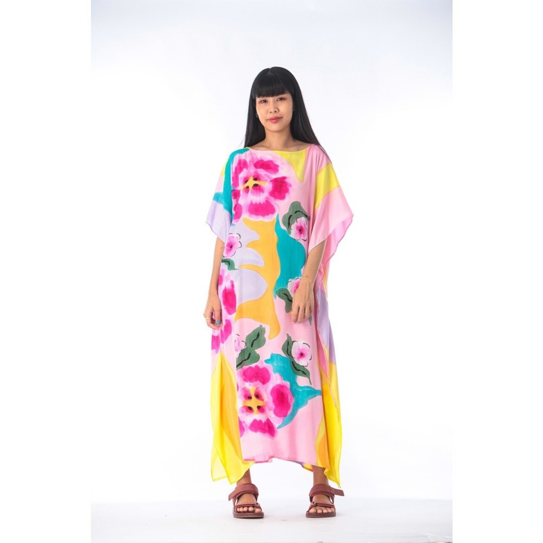Hand Painted Cotton Silk Kaftan for Summer Resort Vacation F - 洋装/连衣裙 - 棉 粉红色