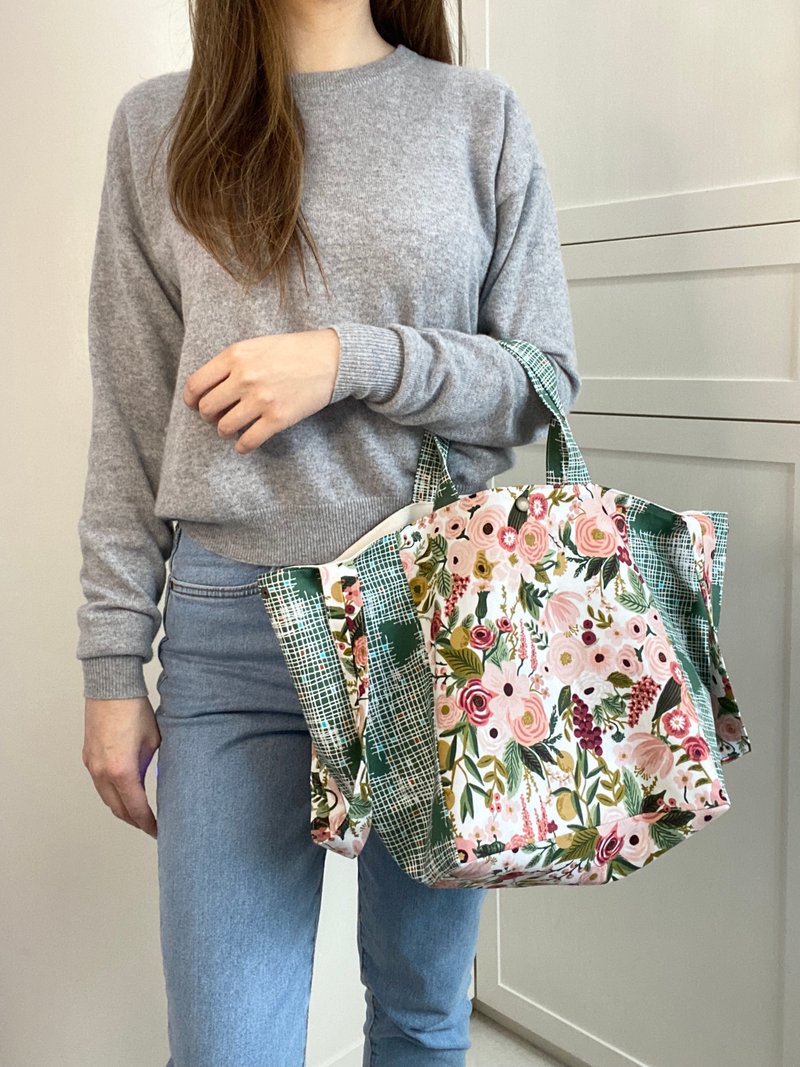 拼色布托特包 手拿侧背两用 - 侧背包/斜挎包 - 棉．麻 绿色