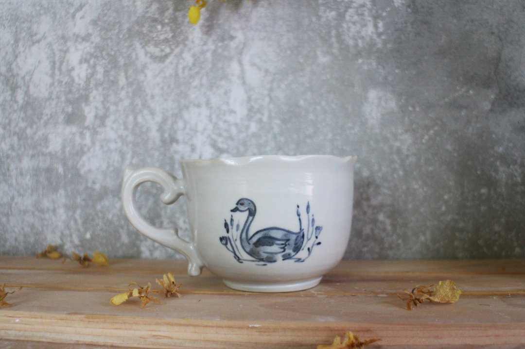双面手绘天鹅欧式茶杯 - 茶具/茶杯 - 瓷 白色