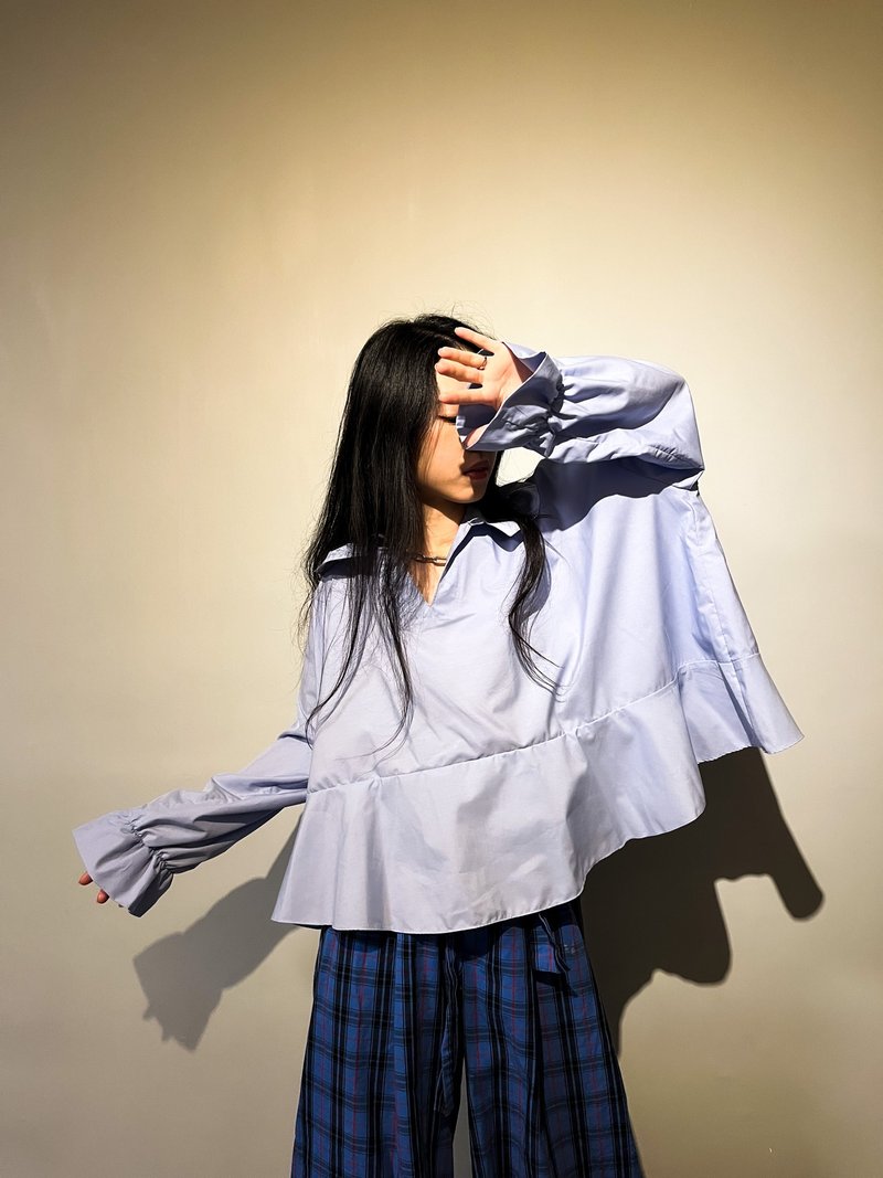 V- shape ruffle collar long sleeves top - 女装上衣 - 聚酯纤维 蓝色