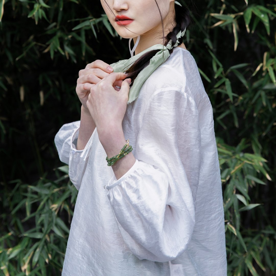 游园天丝麻圆领系带衫 - 女装衬衫 - 棉 白色
