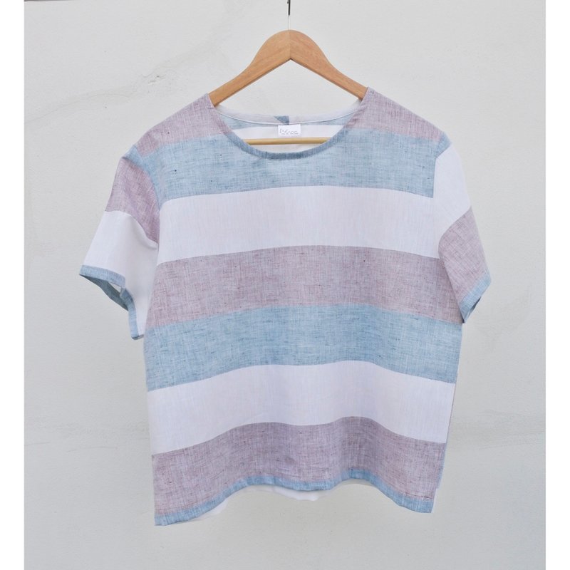 棉 | 条纹圆领短袖上衣 - 女装上衣 - 棉．麻 白色