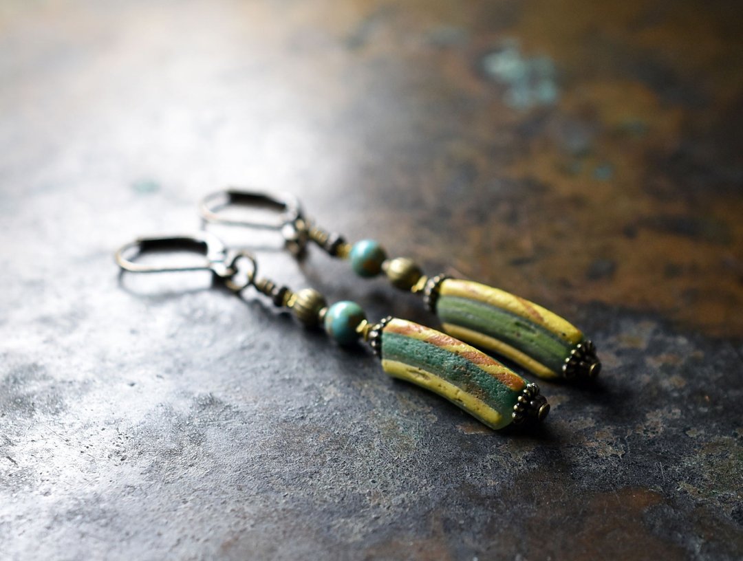 Mosaic pattern Roman glass, round turquoise, Temari brass beads ansymmetry earrings - 耳环/耳夹 - 玻璃 黄色