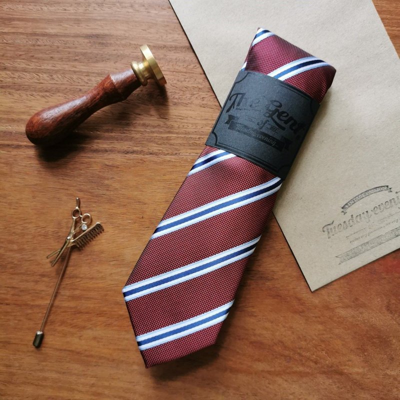 The GENT Scarlet Red with Blue Stripe Necktie - 领带/领带夹 - 聚酯纤维 红色