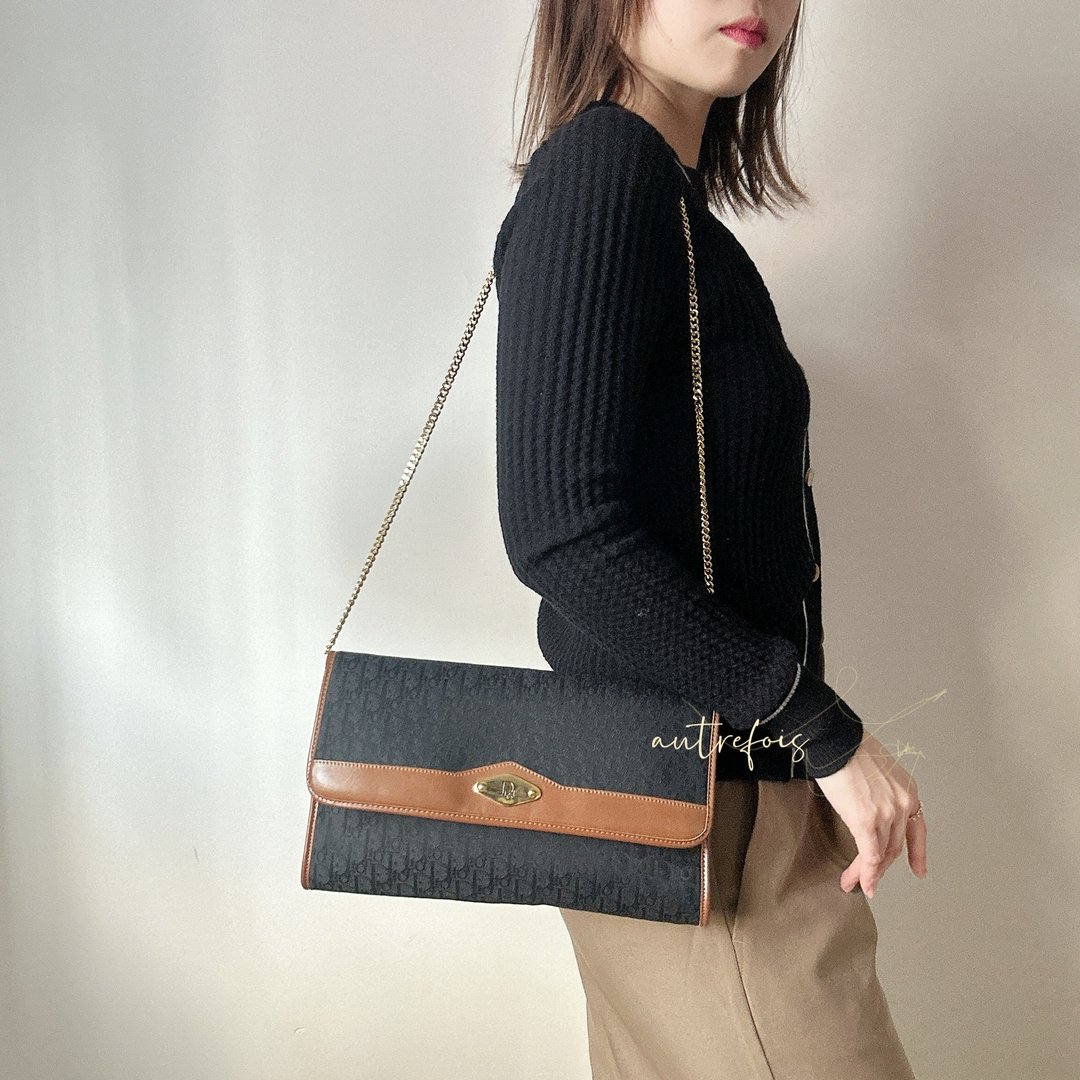 中古 Christian Dior Oblique 老花 两用手袋 腋下包 侧背包 - 侧背包/斜挎包 - 真皮 黑色