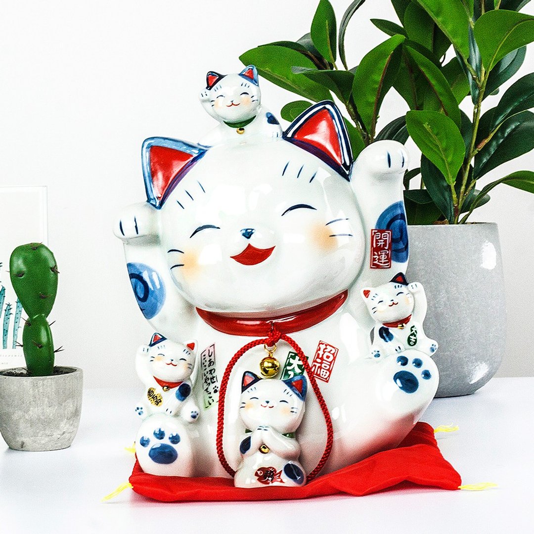 日本进口药师窑染锦福助招财猫手工陶瓷摆件生日乔迁开业乔迁礼物 - 摆饰 - 陶 