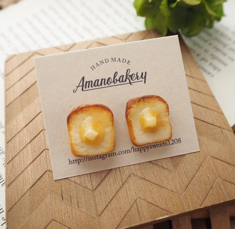 miniature butter toast / earring - 耳环/耳夹 - 粘土 咖啡色