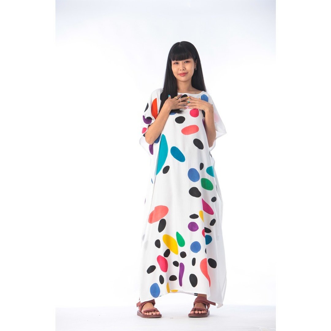 Hand Painted Cotton Silk Kaftan for Summer Resort Vacation F - 洋装/连衣裙 - 棉．麻 白色