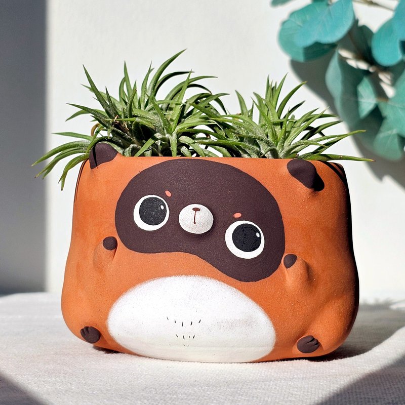 Terracotta tanuki plant pot. Handmade succulent planter. - 花瓶/陶器 - 陶 