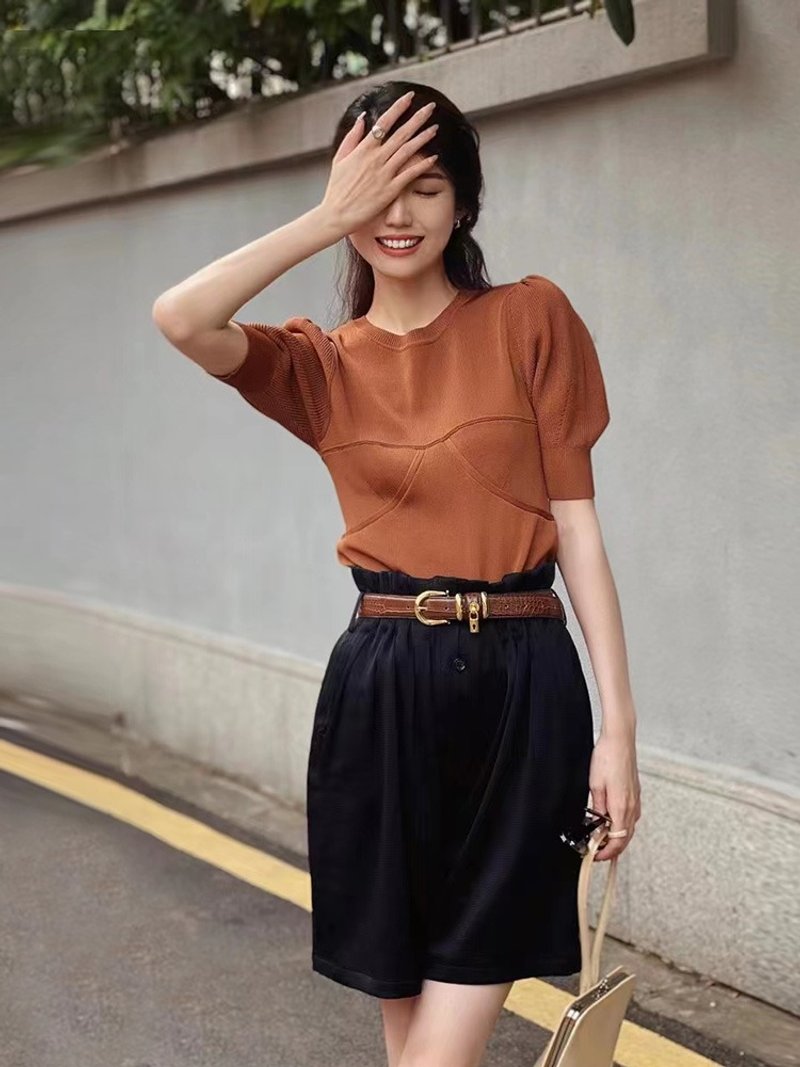 【针织】新中式复古中国风 短袖上衣 - 女装上衣 - 其他材质 咖啡色