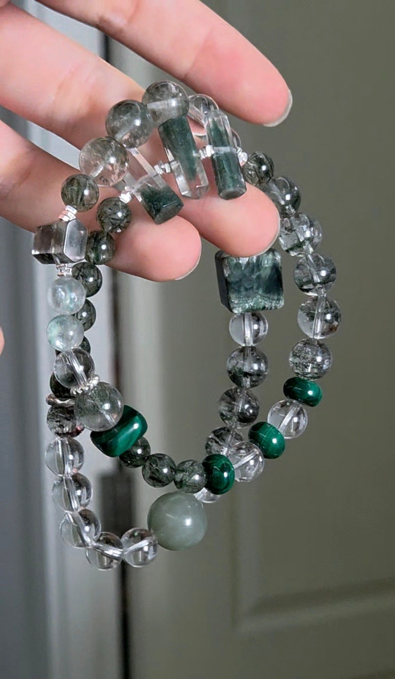 绿色系水晶多宝双圈• 绿幽灵、千层翠幽灵、玉化绿祖母晶、绿发 - 手链/手环 - 水晶 绿色