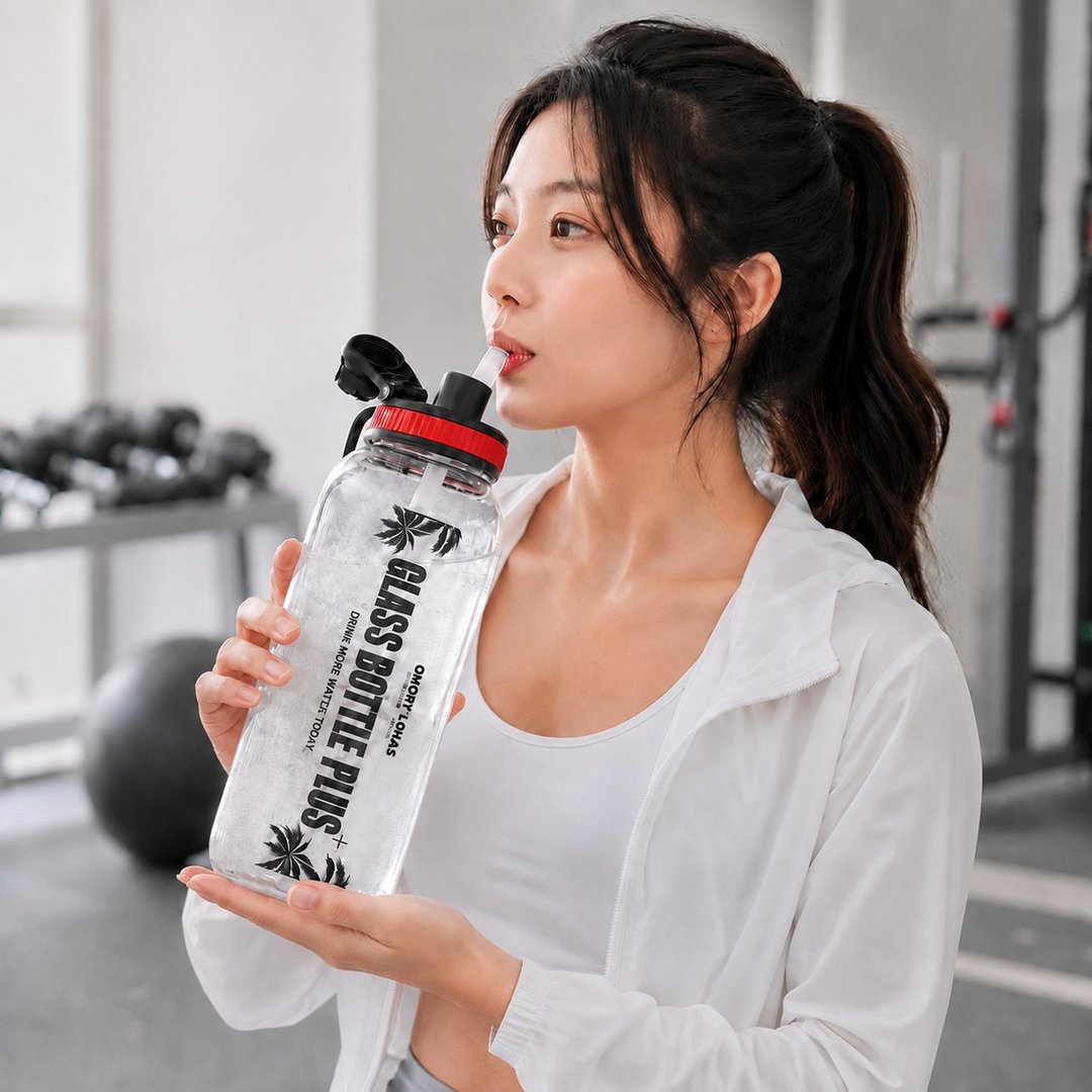 【OMORY】大容量耐热玻璃养生瓶1200ML-附吸管/背袋 - 水瓶/水壶 - 玻璃 透明