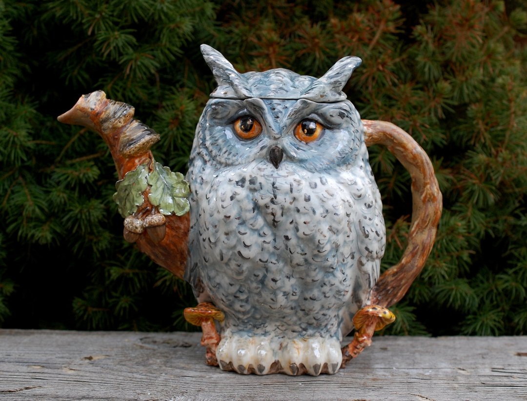 Owl Art teapot Porcelain figurine Fairy bird Ceramic statuette Cute eagle-owl - 茶具/茶杯 - 瓷 多色