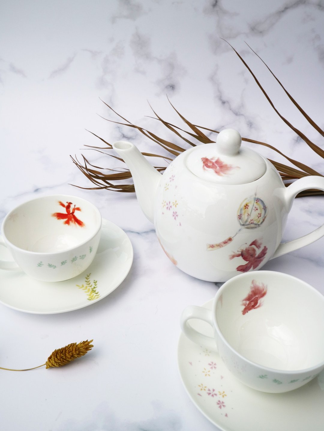 【团购组/台湾包邮】秋意金鱼茶具组 茶壶茶杯碟 五件组圣诞礼物 - 茶具/茶杯 - 瓷 