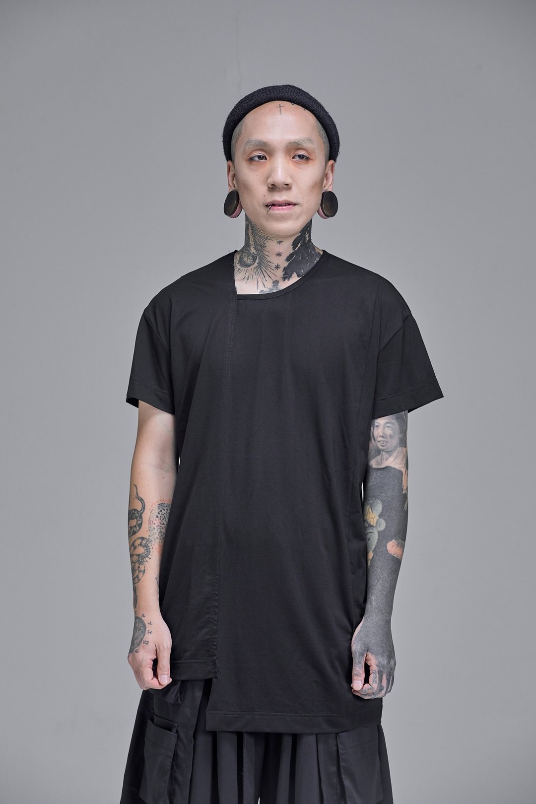 拼接Tee Ian - 中性连帽卫衣/T 恤 - 棉 黑色