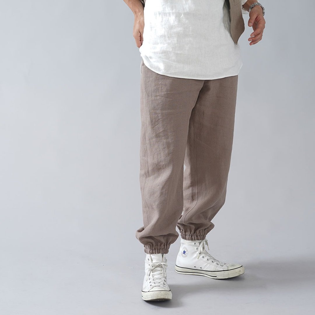 Midweight Linen Unisex Monpe Pants / Dark Tan b005d-cja2 - 中性裤装 - 亚麻 卡其色