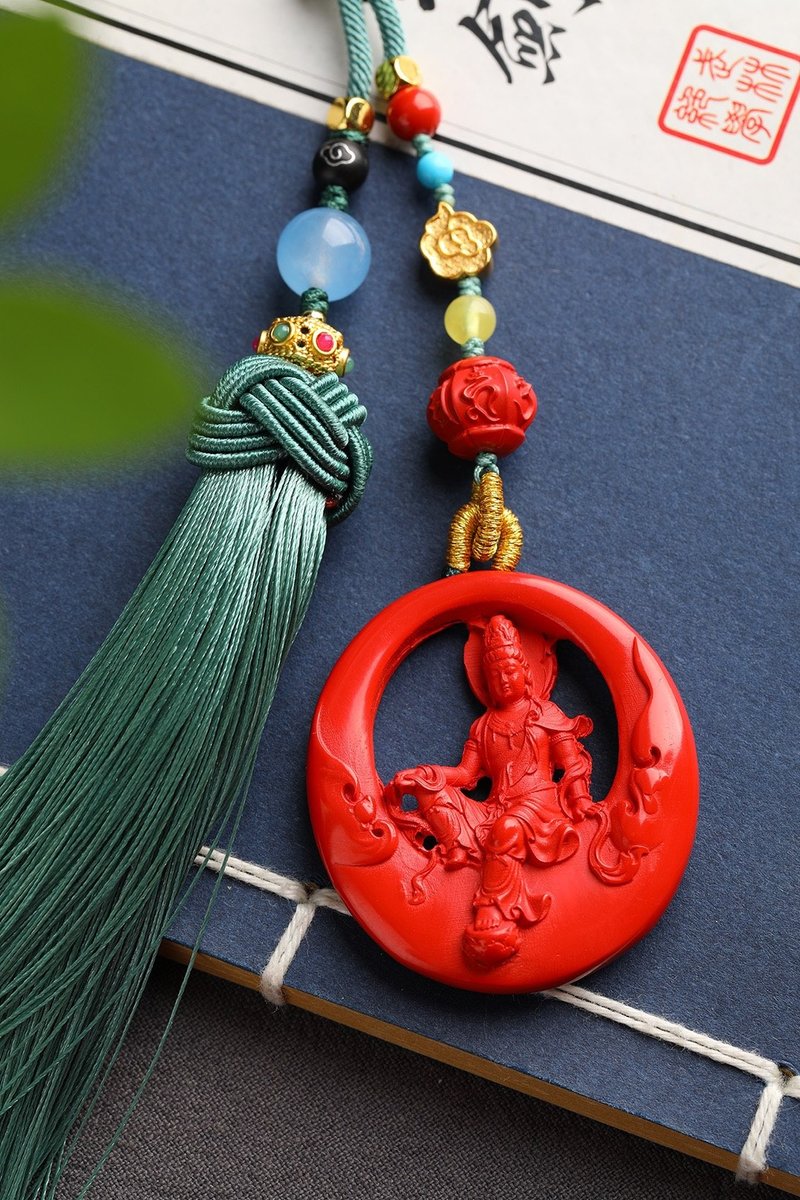 天然原矿朱砂精品红砂水月观音车挂 精品原创朱砂含量高达95%以上 - 钥匙链/钥匙包 - 宝石 