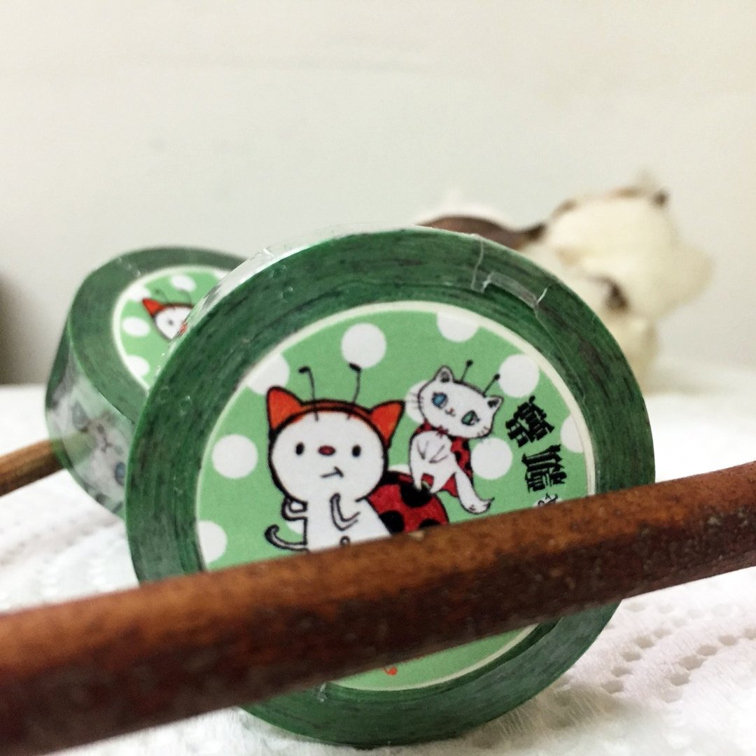 猫白与瓢虫纸胶带 - 纸胶带 - 纸 绿色