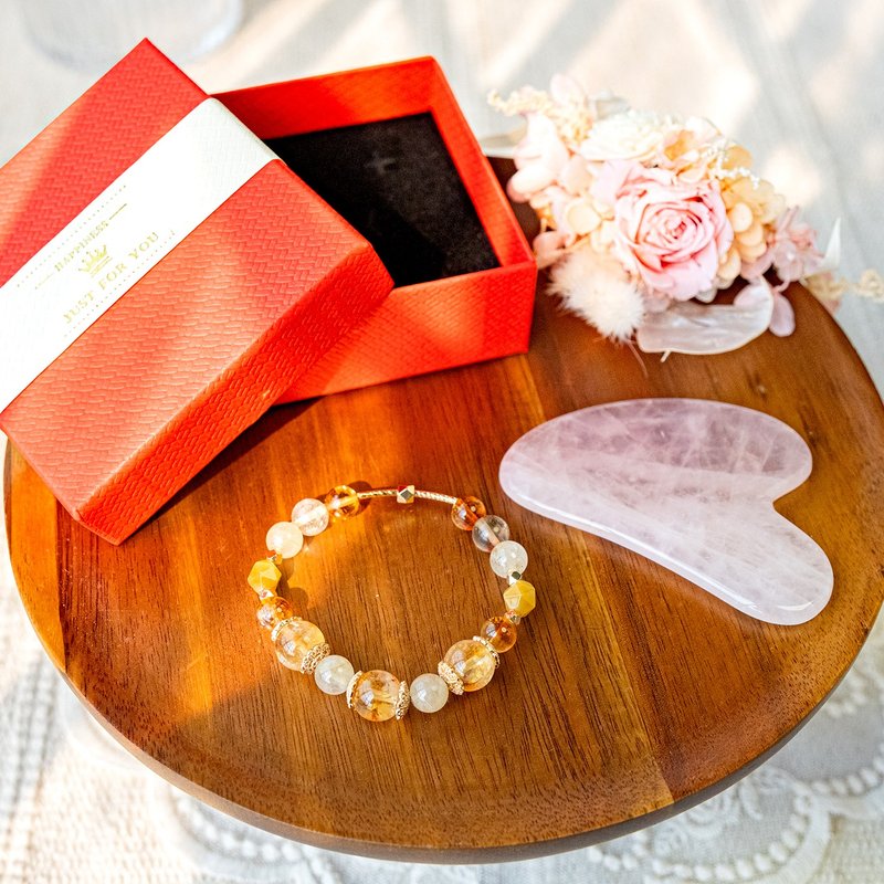限量礼盒。伯爵夫人招财水晶手链+小脸粉晶刮痧板+礼盒包装 - 手链/手环 - 水晶 黄色