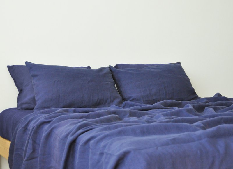 Indigo linen sheet set / Flat+fitted sheet+2 pillowcases / Blue bedding - 寝具 - 亚麻 蓝色