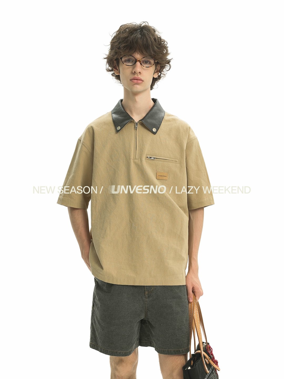 Unvesno(UN) New Vintage底特律改良透气亚麻肌理凉感皮革领Polo - 男装上衣/T 恤 - 棉 