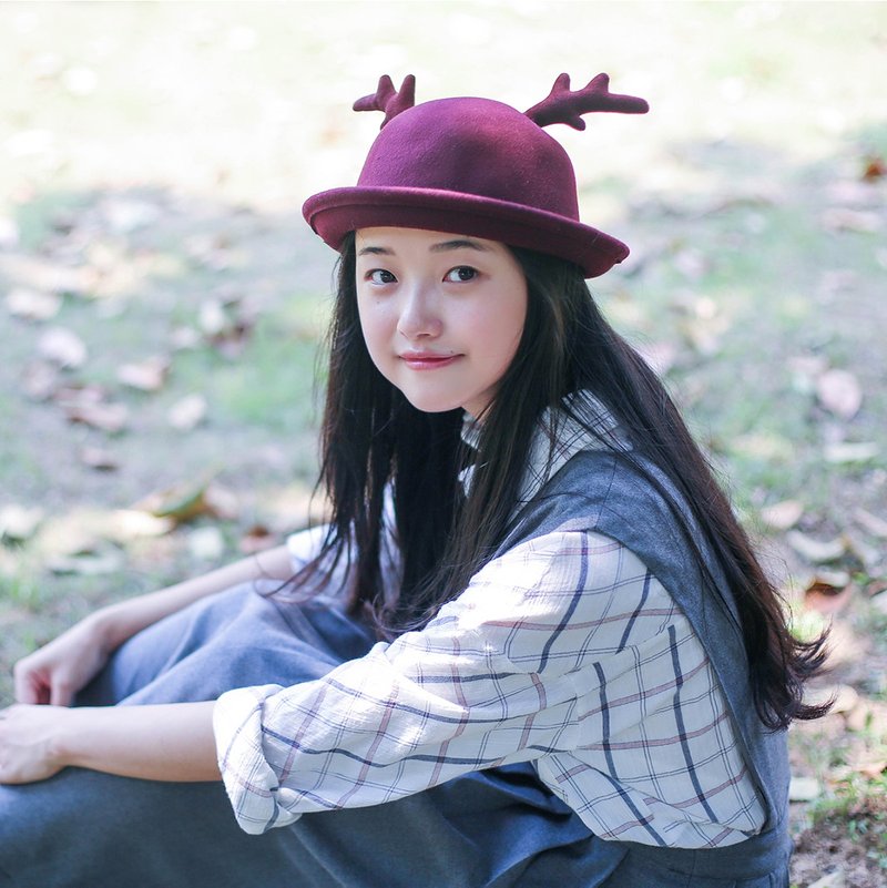 张可爱帽子清新麋鹿小圆帽 - 帽子 - 羊毛 橘色