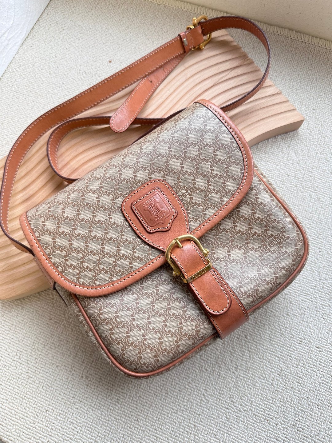 中古包Vintage Celine 米色老花豆腐斜背小包 - 侧背包/斜挎包 - 防水材质 