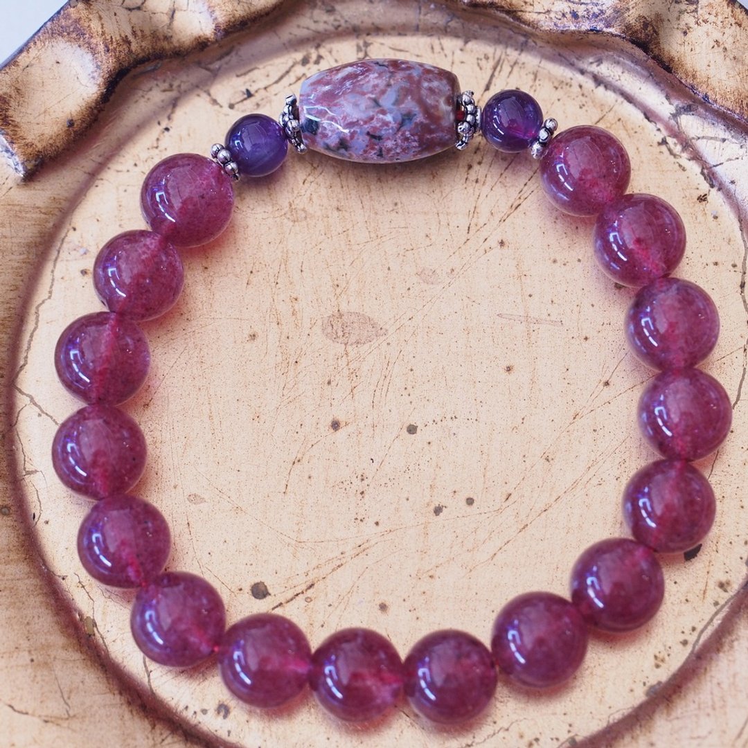 草莓晶 爱情水晶 海洋碧玉 纯银手环 Strawberry Quartz Bracelet - 手链/手环 - 水晶 红色
