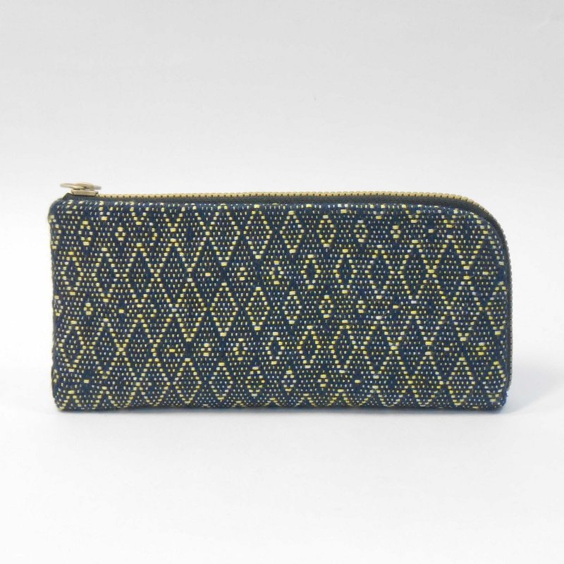 手织布 L型简易式长夹05-深蓝x浅黄 - 皮夹/钱包 - 棉．麻 蓝色