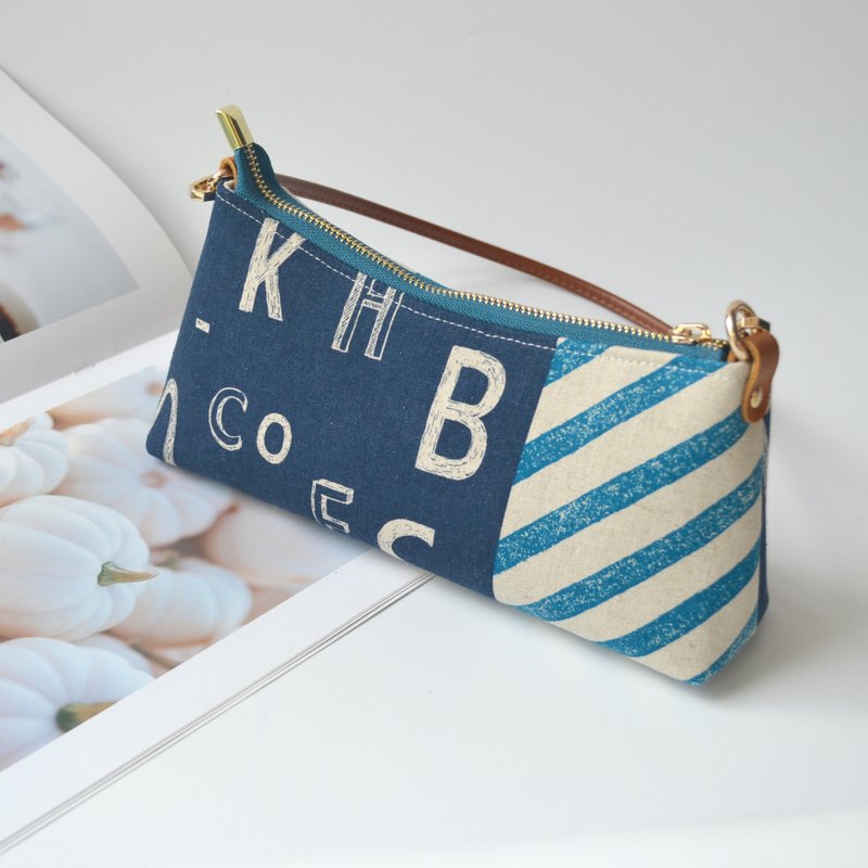 现货孤品/手机包//单肩包/腋下包包/蓝色条纹 - 侧背包/斜挎包 - 棉．麻 